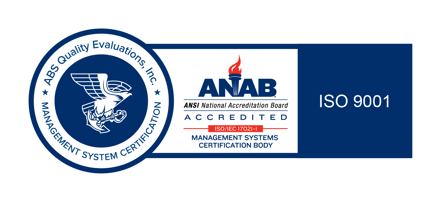 ISO 9001 and ISO/IEC 17021-1 certification badges from ABS Quality Evaluations and ANAB